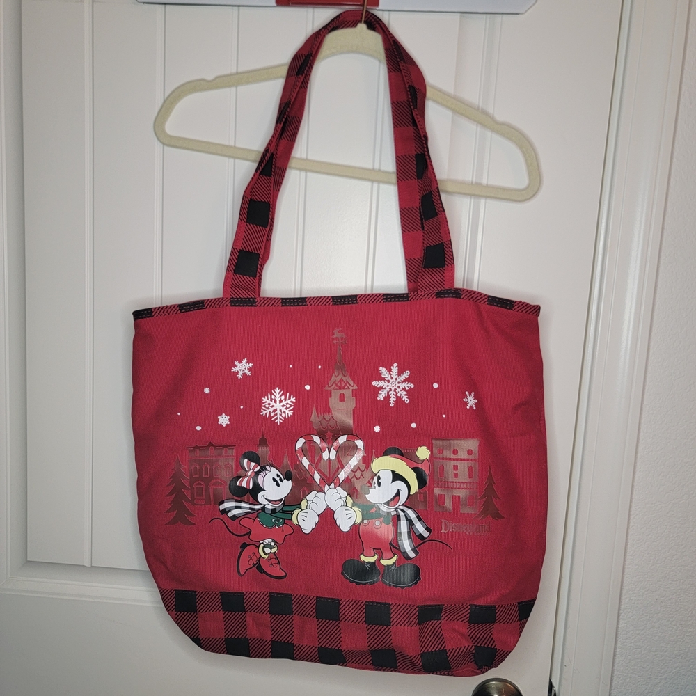 Disneyland Christmas Mickey & Minnie Tote Bag, Zippered, Red & Checkered